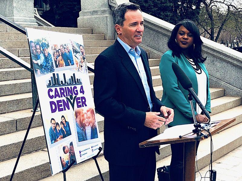 Andrew Romanoff, then president and CEO of Mental Health Colorado, and state Rep. Leslie Herod, D-Denve announce the Caring 4 Denver initiative outside the Colorado Capitol in 2018.